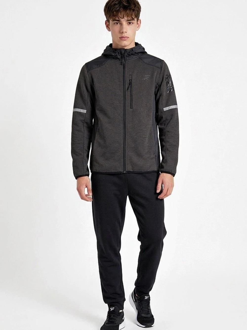 Reebok Jacket Youth Sz Medium 10.12 Charcoal Black Hooded Full Zip Sporty